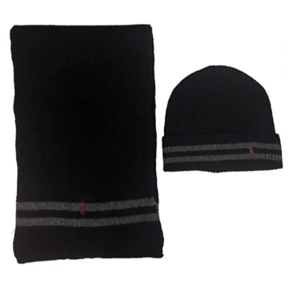 Polo Ralph Lauren Men's Black 2 Piece Set Hat & Scarf Lambswool Blend